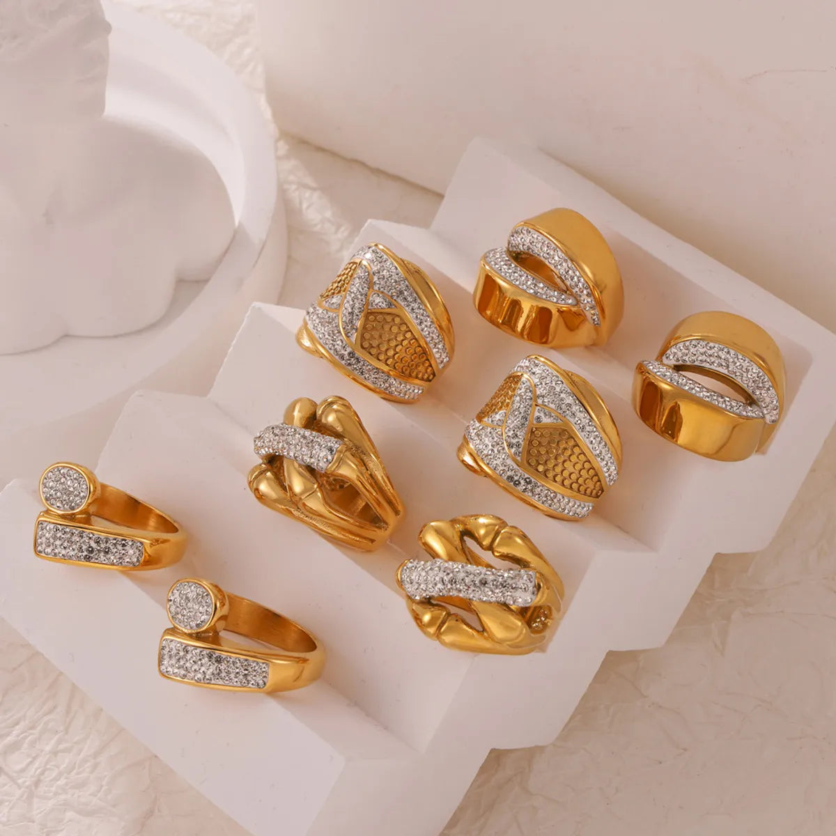 Simple Style Cross Titanium Steel 18K Gold Plated Rhinestones Rings In Bulk