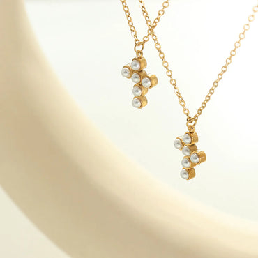 Simple Style Cross Titanium Steel Plating Inlay Artificial Pearls Pendant Necklace