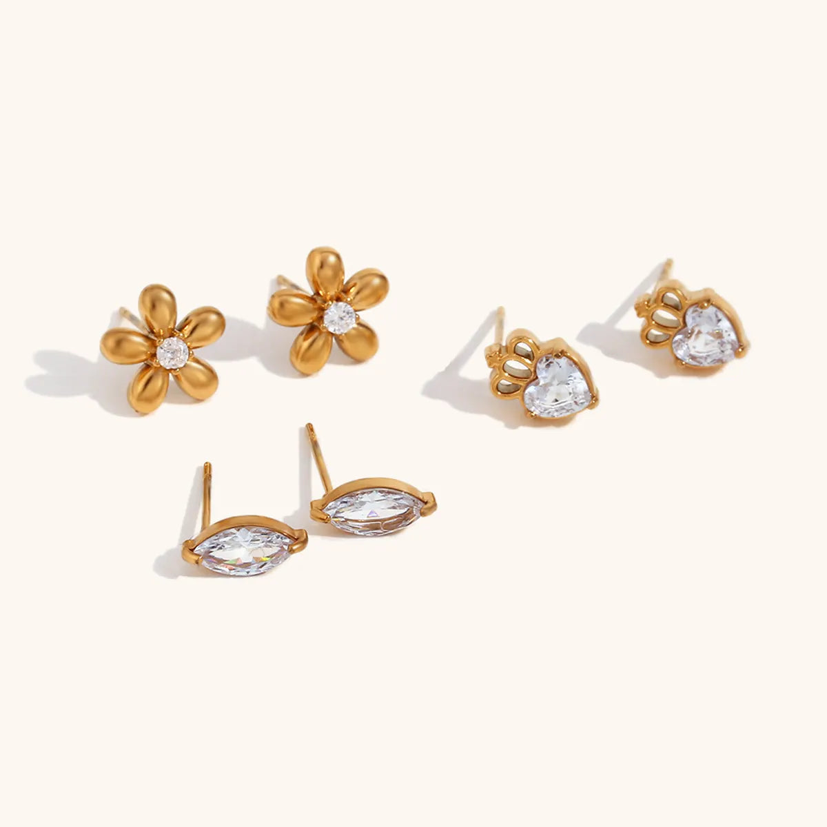 Simple Style Crown Flower Stainless Steel Inlay Zircon Ear Studs 1 Pair