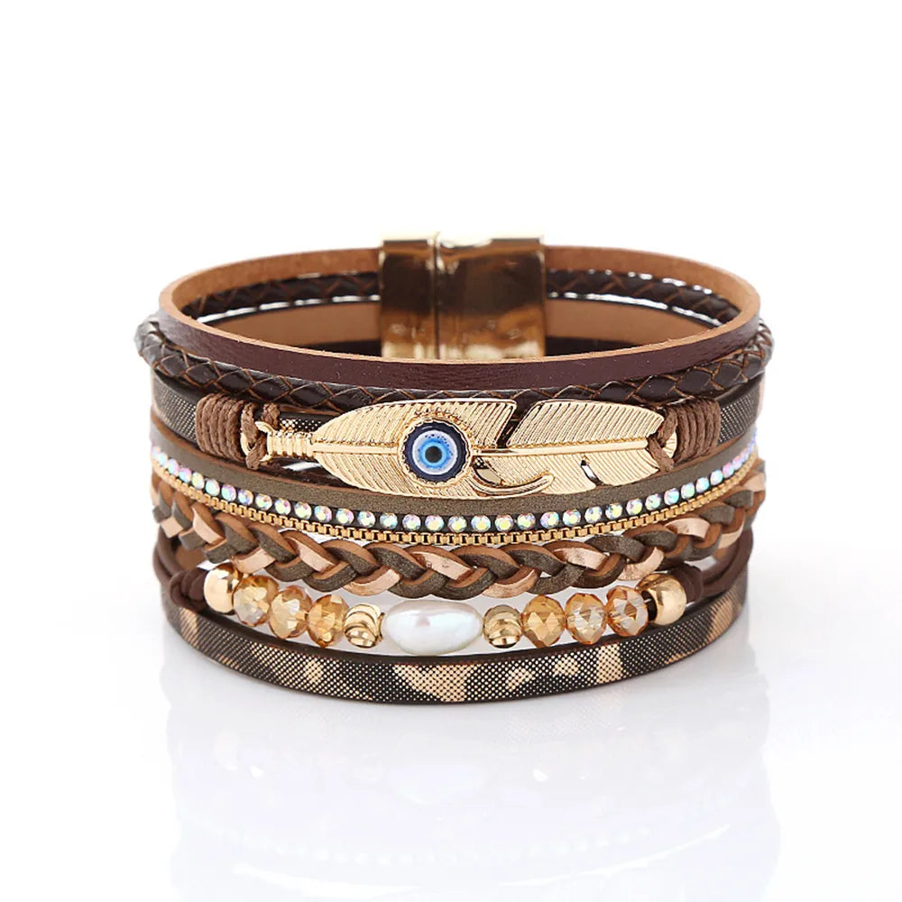 Simple Style Devil'S Eye Feather Pu Leather Beaded Layered Women'S Bangle