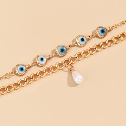 Simple Style Devil's Eye Heart Shape Alloy Layered Inlay Pearl Women's Anklet