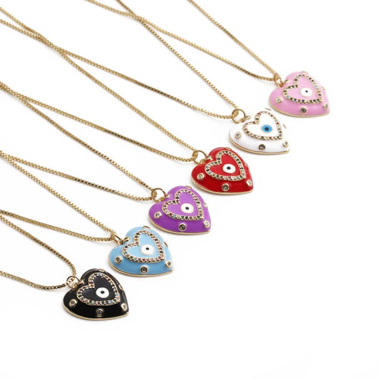 Simple Style Devil'S Eye Heart Shape Copper Enamel Plating Inlay Zircon Gold Plated Pendant Necklace