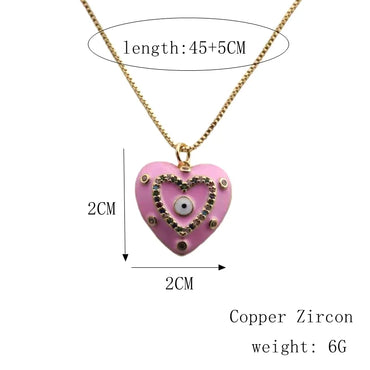 Simple Style Devil'S Eye Heart Shape Copper Enamel Plating Inlay Zircon Gold Plated Pendant Necklace