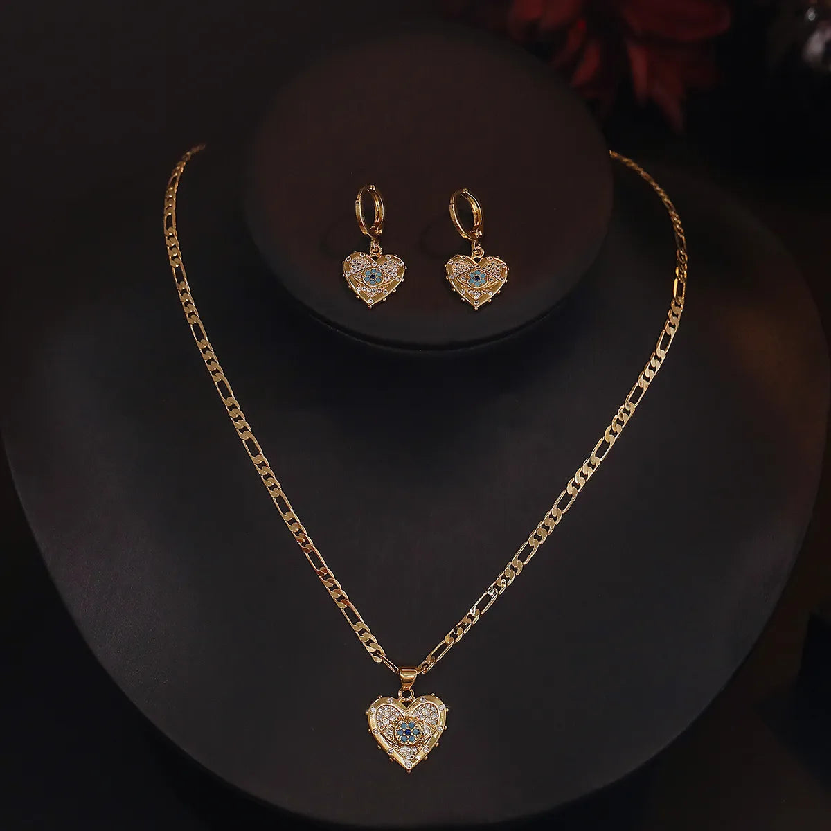 Simple Style Devil's Eye Heart Shape Copper Plating Inlay Zircon 18k Gold Plated Earrings Necklace Jewelry Set