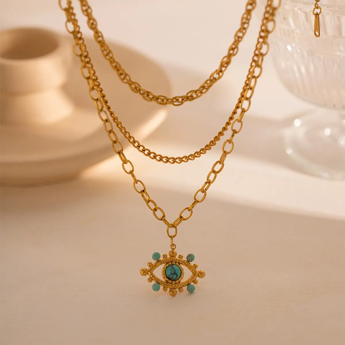 Simple Style Devil's Eye Stainless Steel Plating Inlay Turquoise 18k Gold Plated Three Layer Necklace