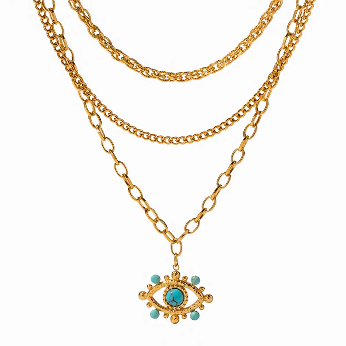 Simple Style Devil's Eye Stainless Steel Plating Inlay Turquoise 18k Gold Plated Three Layer Necklace