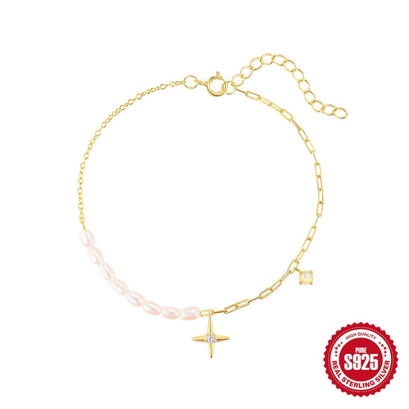 Simple Style Fashion S925 Sterling Silver Geometric Star Ab Chain Pearl Stacked Bracelet With Electroplating