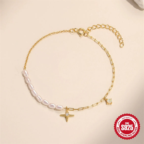 Simple Style Fashion S925 Sterling Silver Geometric Star Ab Chain Pearl Stacked Bracelet With Electroplating