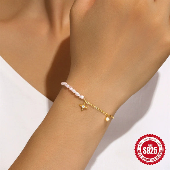 Simple Style Fashion S925 Sterling Silver Geometric Star Ab Chain Pearl Stacked Bracelet With Electroplating
