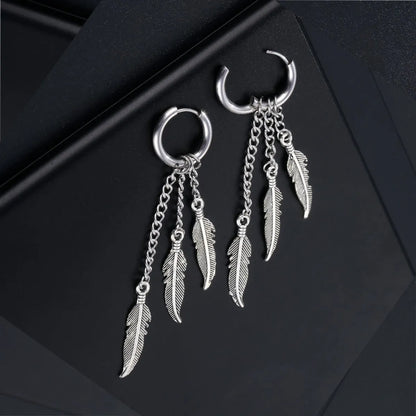 1 Piece Simple Style Feather Titanium Steel Tassel Chain Drop Earrings