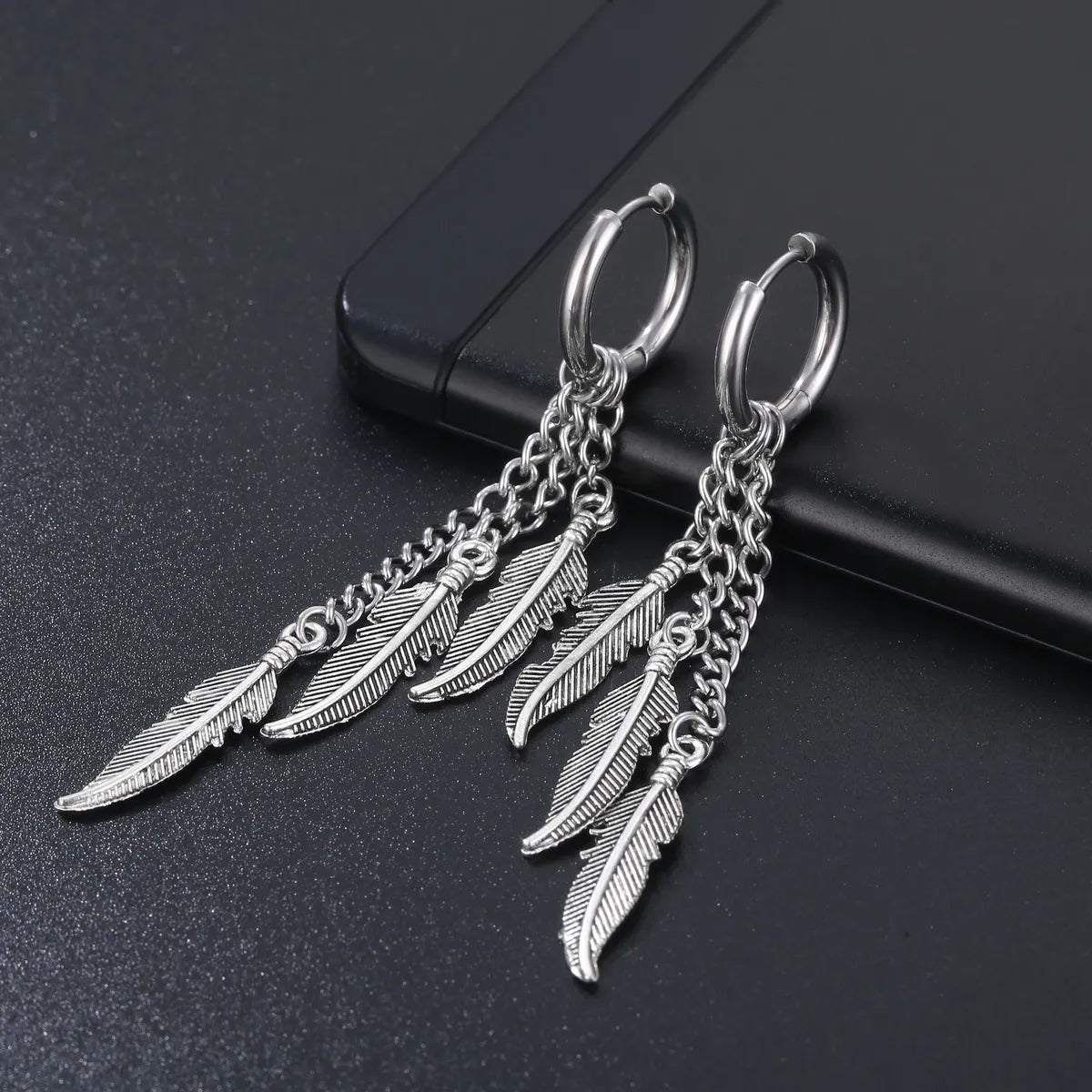 1 Piece Simple Style Feather Titanium Steel Tassel Chain Drop Earrings