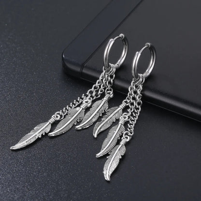 1 Piece Simple Style Feather Titanium Steel Tassel Chain Drop Earrings