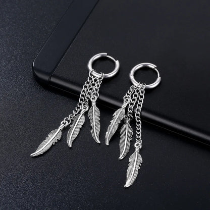 1 Piece Simple Style Feather Titanium Steel Tassel Chain Drop Earrings