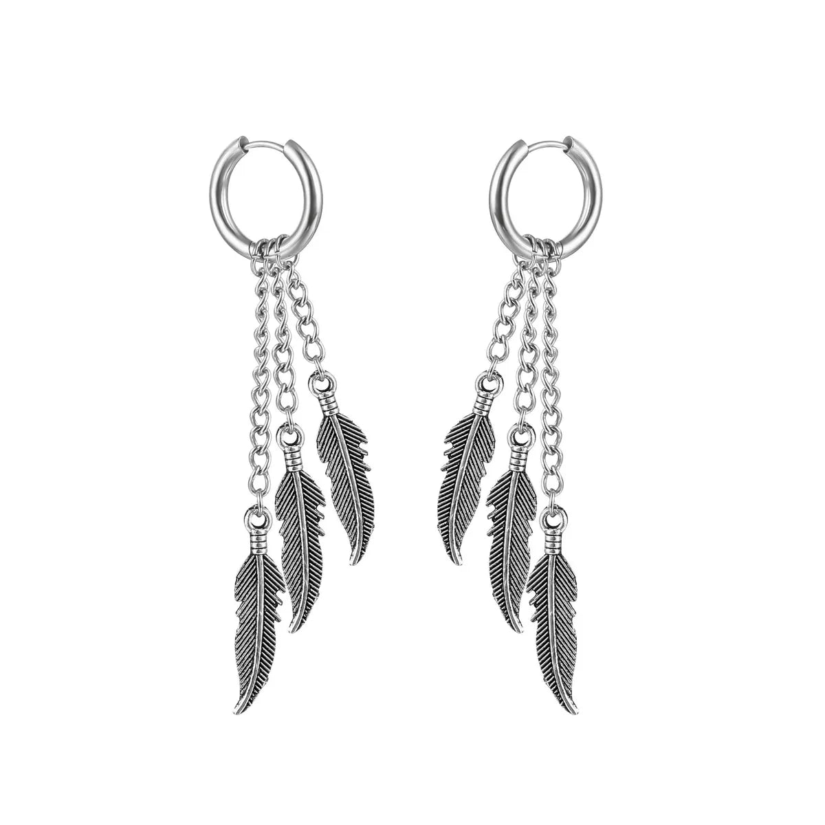 1 Piece Simple Style Feather Titanium Steel Tassel Chain Drop Earrings