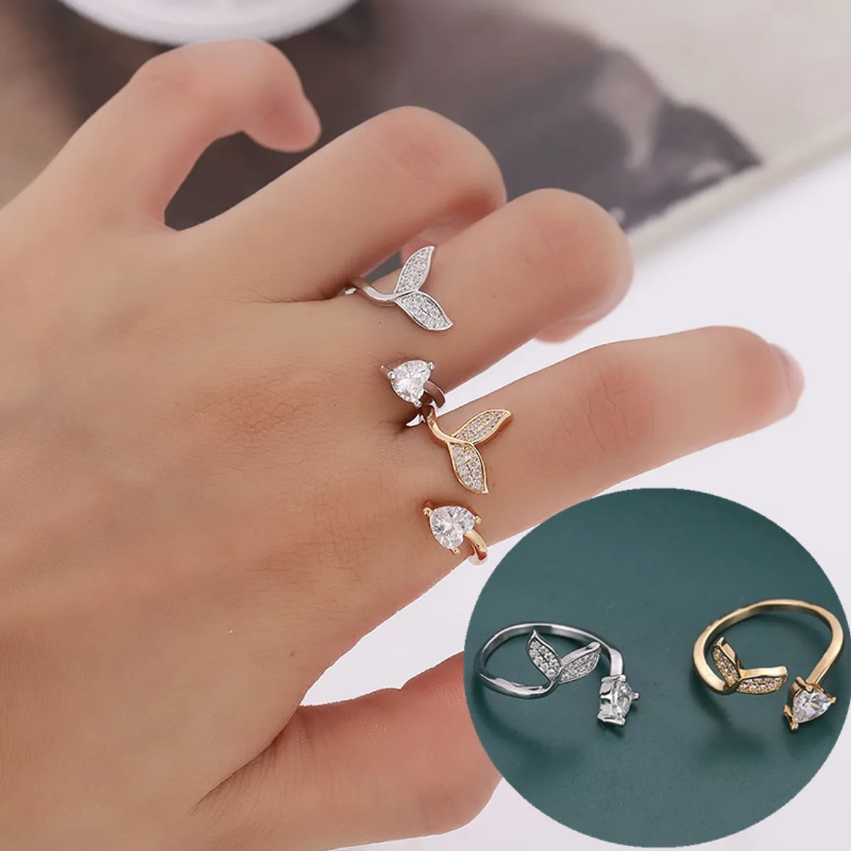 Simple Style Fish Tail Copper Plating Inlay Artificial Gemstones Open Rings