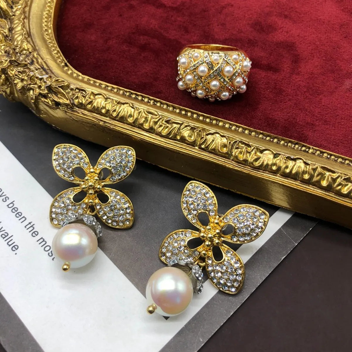 Simple Style Flower Alloy Plating Inlay Artificial Pearls Zircon Gold Plated Women'S Rings Earrings