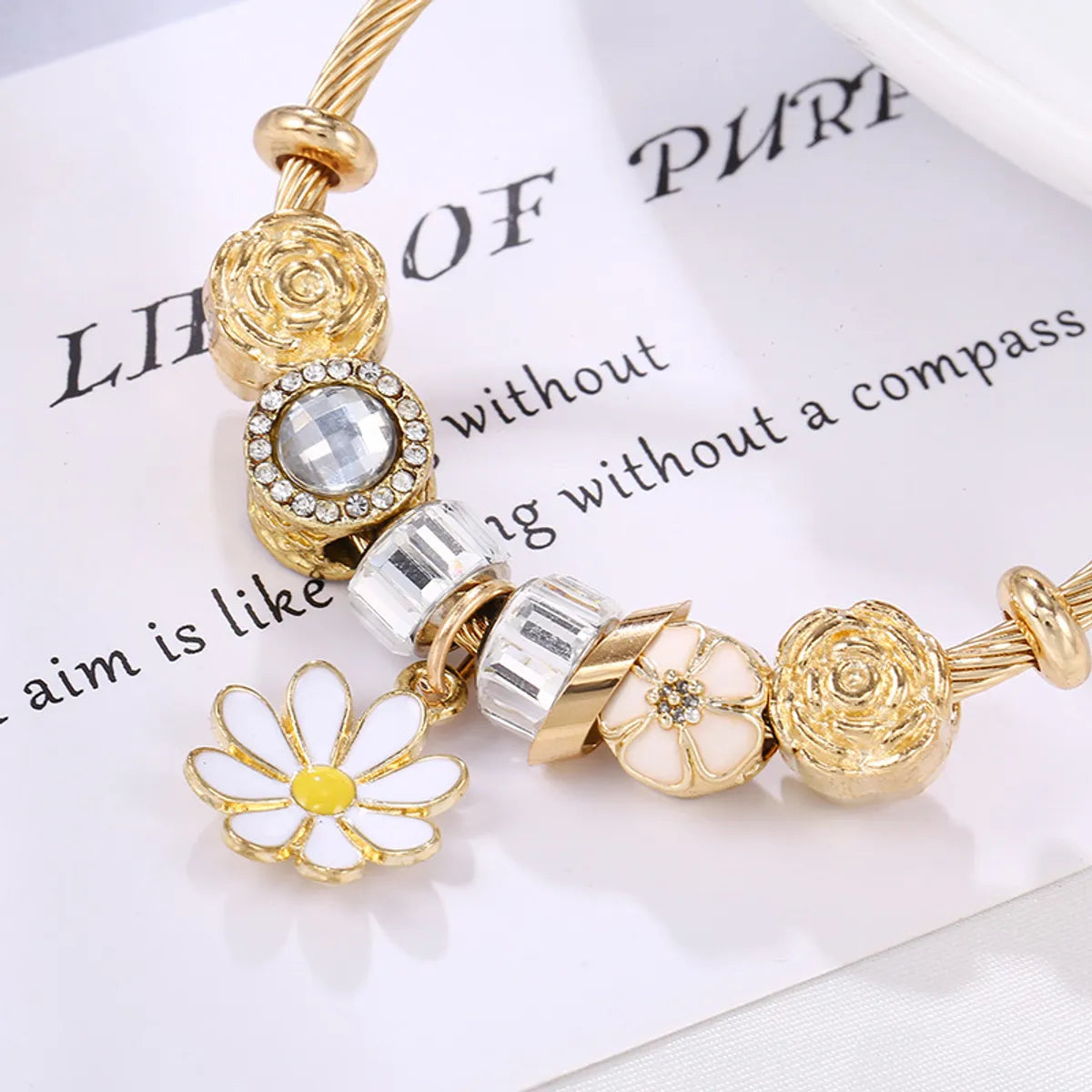 Simple Style Flower Alloy Titanium Steel Copper Enamel Artificial Gemstones Women's Bangle