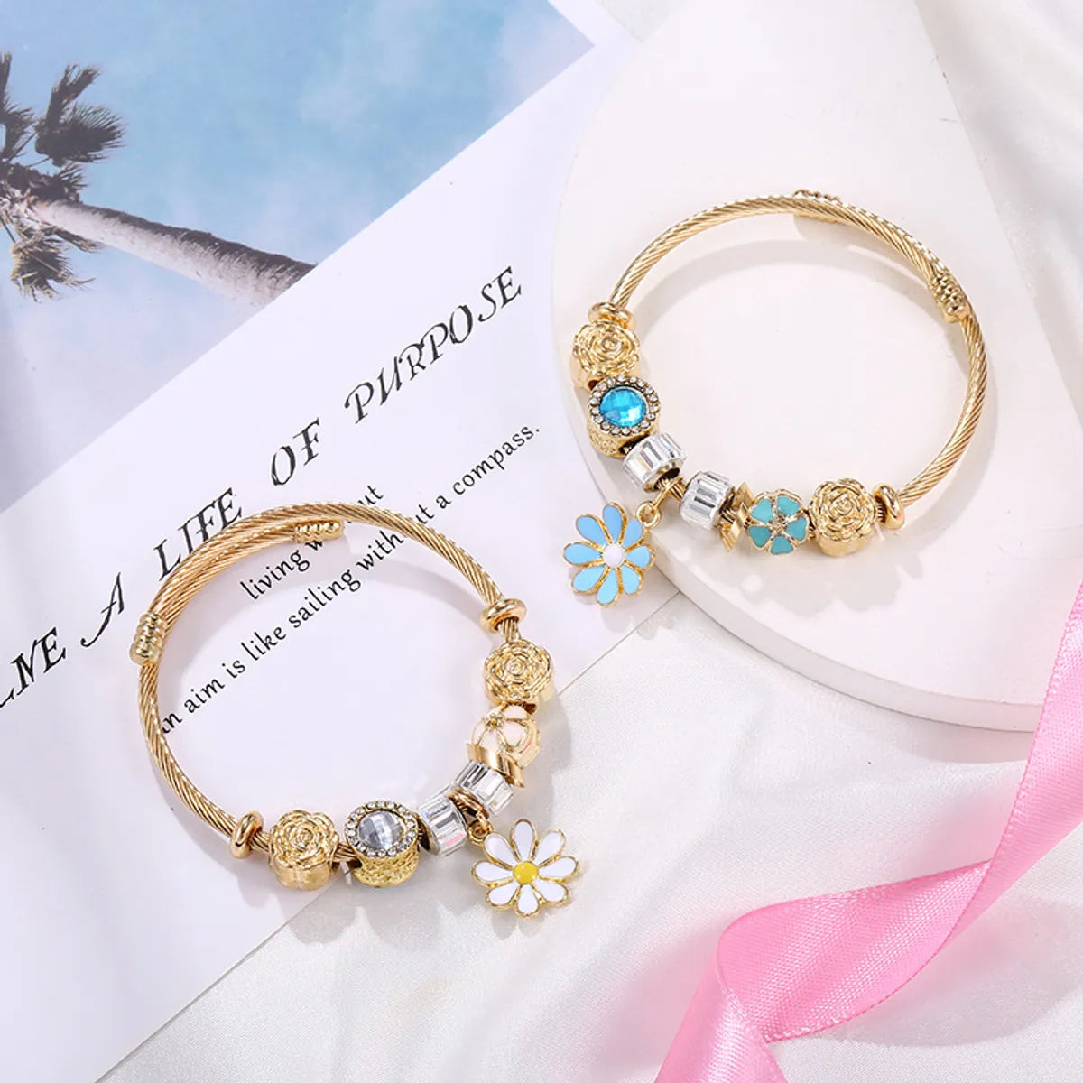 Simple Style Flower Alloy Titanium Steel Copper Enamel Artificial Gemstones Women's Bangle