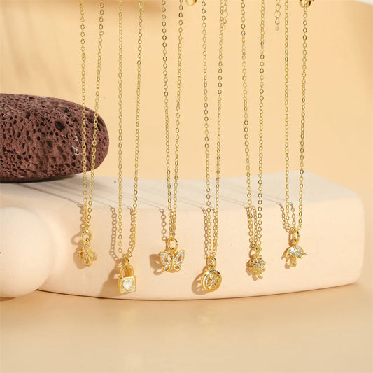 Simple Style Flower Butterfly Lock Brass 14k Gold Plated Pendant Necklace In Bulk