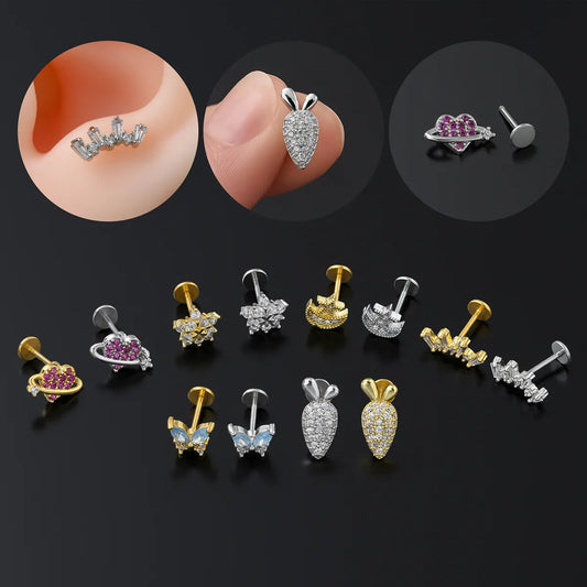 Simple Style Flower Copper 18k Gold Plated White Gold Plated Zircon Lip Stud Ear Studs In Bulk