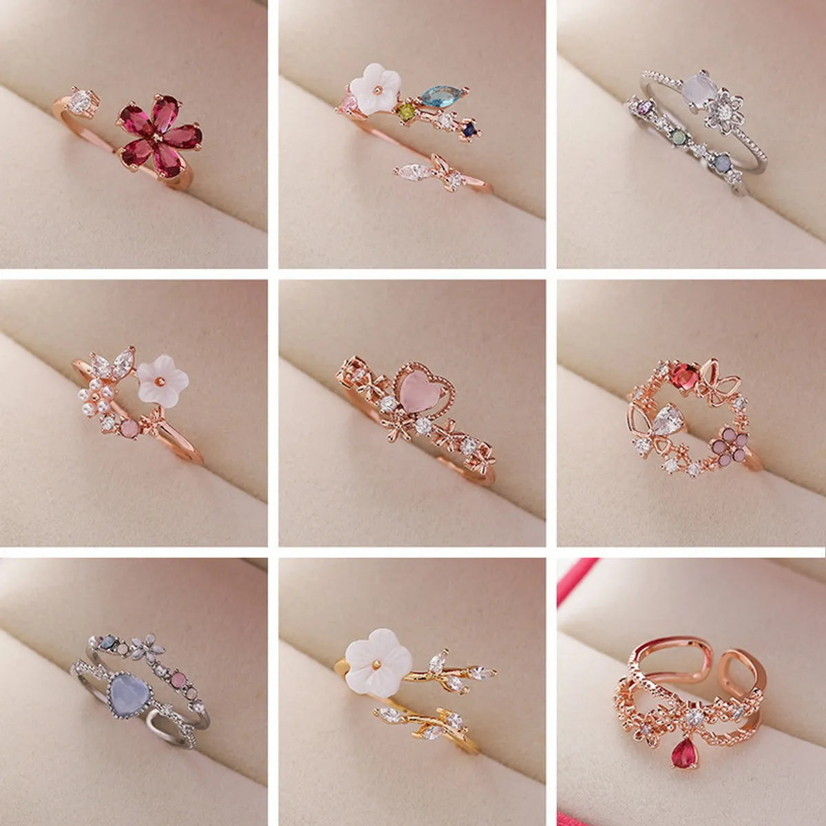 Simple Style Flower Copper Inlay Zircon Rings