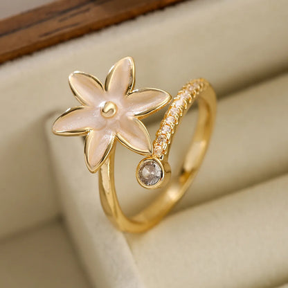 Simple Style Flower Rectangle Copper Enamel Plating Inlay Zircon 18k Gold Plated Open Ring