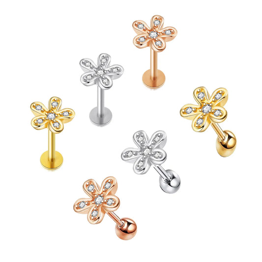 Simple Style Flower Stainless Steel Inlay Zircon Ear Studs 1 Piece