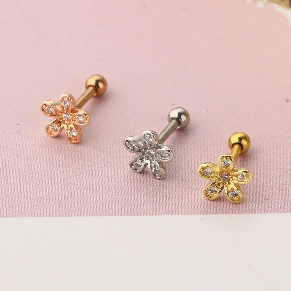 Simple Style Flower Stainless Steel Inlay Zircon Ear Studs 1 Piece