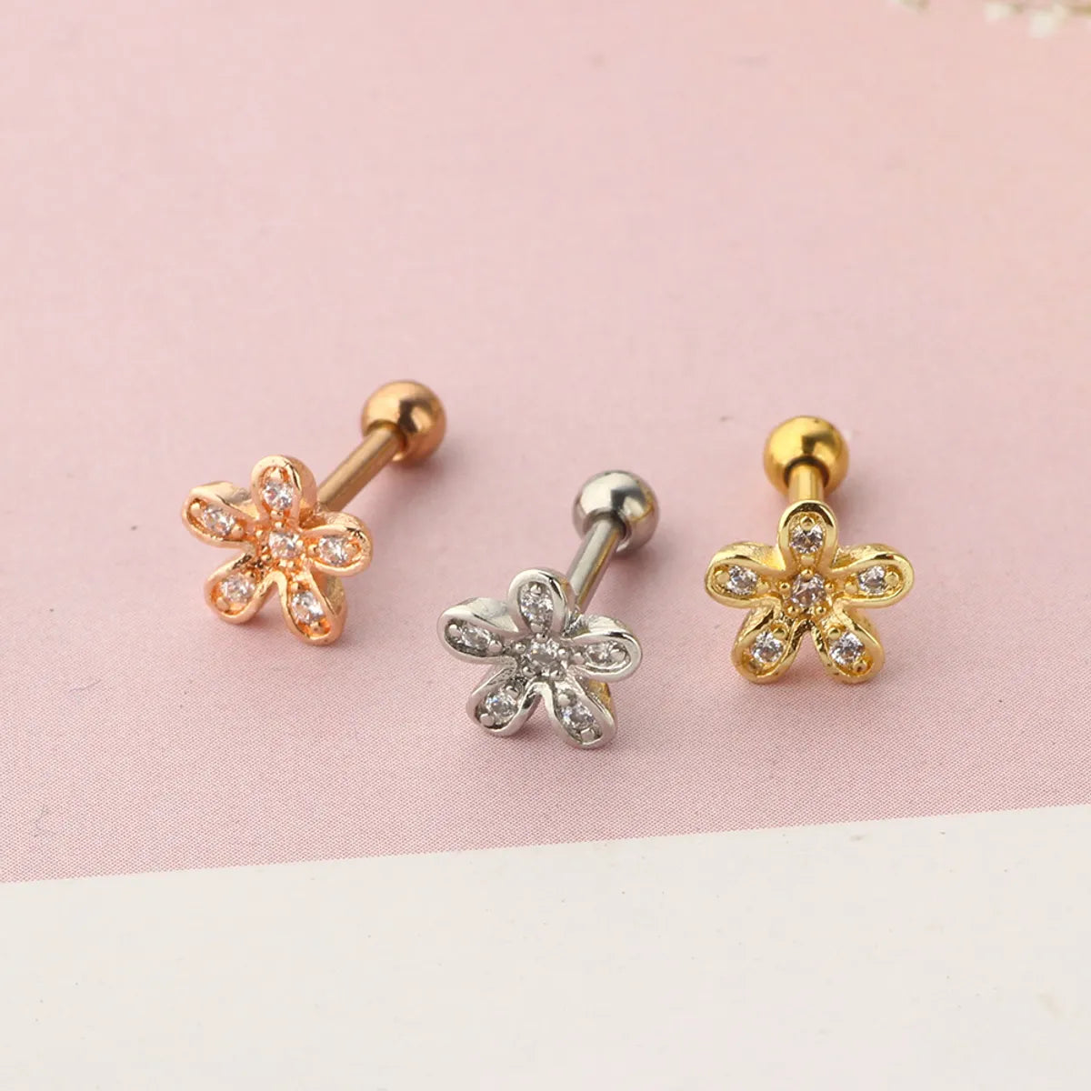 Simple Style Flower Stainless Steel Inlay Zircon Ear Studs 1 Piece