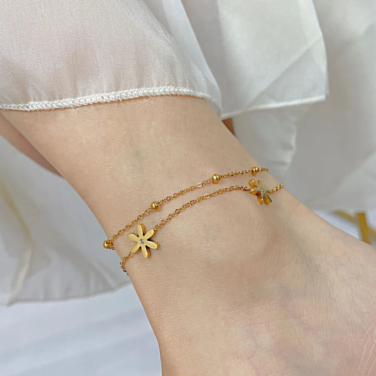 Simple Style Flower Stainless Steel Inlay Zircon Women's Anklet