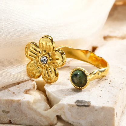 Simple Style Flower Stainless Steel Plating Inlay Natural Stone Zircon Open Rings