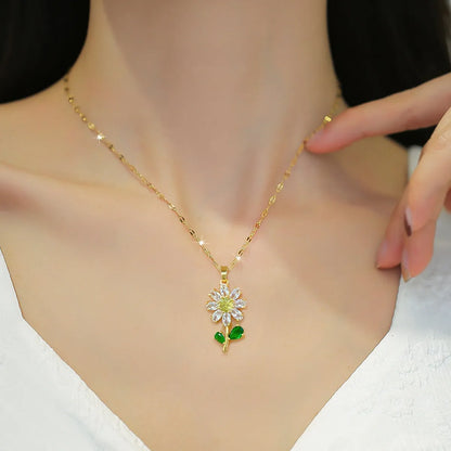 Simple Style Flower Stainless Steel Plating Inlay Rhinestones 18k Gold Plated Gold Plated Pendant Necklace