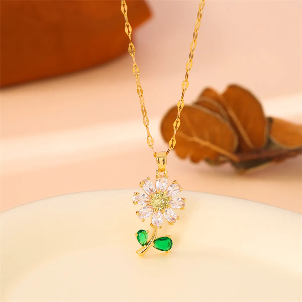 Simple Style Flower Stainless Steel Plating Inlay Rhinestones 18k Gold Plated Gold Plated Pendant Necklace