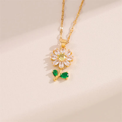 Simple Style Flower Stainless Steel Plating Inlay Rhinestones 18k Gold Plated Gold Plated Pendant Necklace