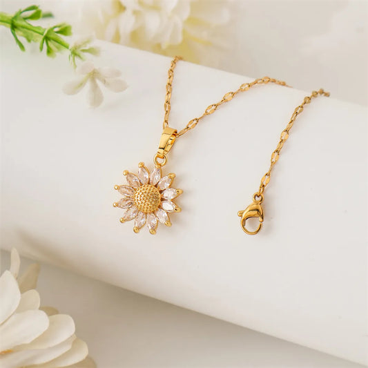 Simple Style Flower Stainless Steel Titanium Steel Plating Inlay Zircon 18k Gold Plated Pendant Necklace