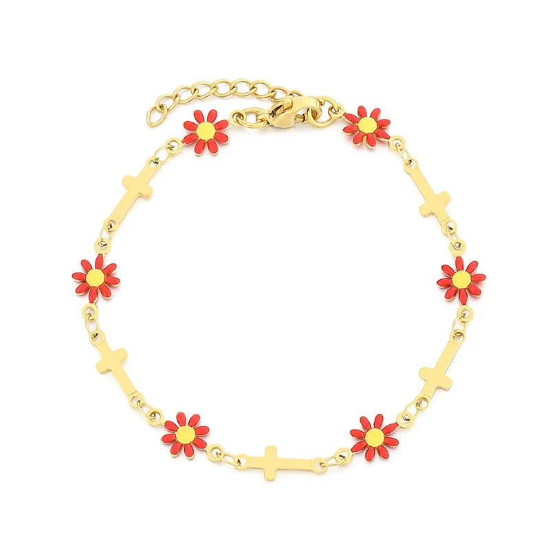 Wholesale Jewelry Simple Style Flower Titanium Steel 18K Gold Plated Enamel Bracelets Necklace