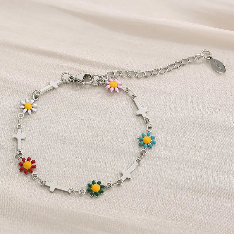 Wholesale Jewelry Simple Style Flower Titanium Steel 18K Gold Plated Enamel Bracelets Necklace