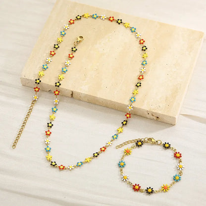 Wholesale Jewelry Simple Style Flower Titanium Steel 18K Gold Plated Enamel Bracelets Necklace