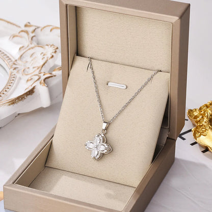 Simple Style Flower Titanium Steel Inlaid Zircon Pendant Necklace