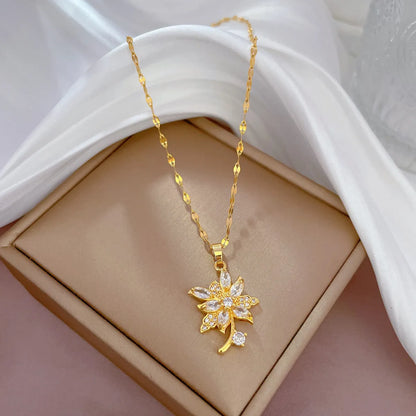 Simple Style Flower Titanium Steel Copper Inlay Zircon Pendant Necklace