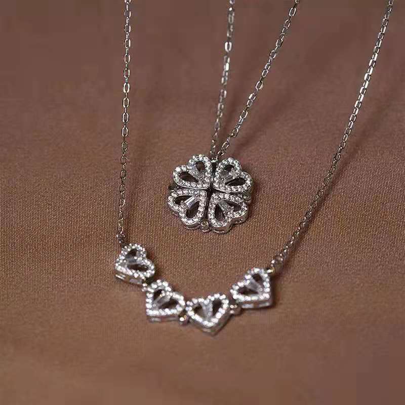 Wholesale Jewelry Simple Style Four Leaf Clover Heart Shape Titanium Steel Rhinestones Hollow Out Inlay Necklace