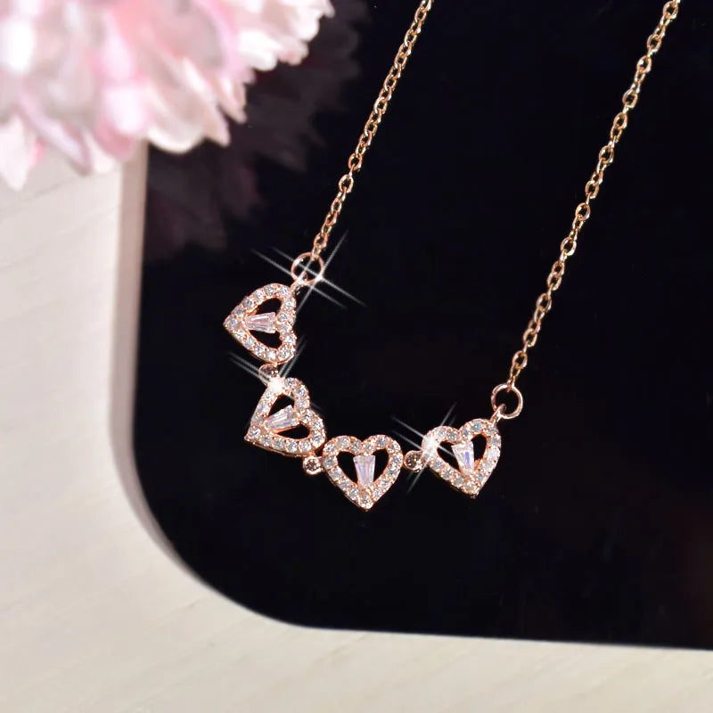 Wholesale Jewelry Simple Style Four Leaf Clover Heart Shape Titanium Steel Rhinestones Hollow Out Inlay Necklace