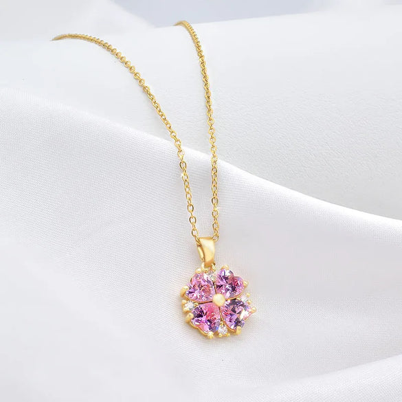 Simple Style Four Leaf Clover Titanium Steel Inlay Zircon Pendant Necklace 1 Piece