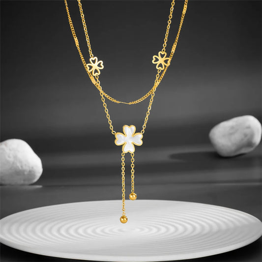 Simple Style Four Leaf Clover Titanium Steel Plating Layered Necklaces