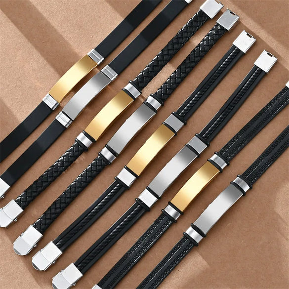 Simple Style Geometric 304 Stainless Steel Pu Leather Unisex Wristband Men Cord & Leather Bracelets