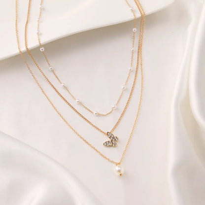 Simple Style Geometric Alloy Plating Inlay Rhinestones Gold Plated Women'S Layered Necklaces