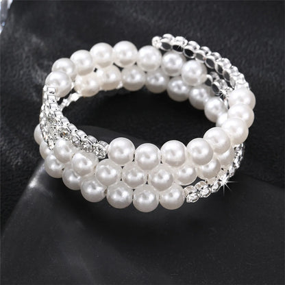 Simple Style Geometric Artificial Gemstones Artificial Pearl Zinc Alloy Layered Inlay Rhinestones Pearl Women'S Wristband