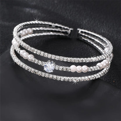 Simple Style Geometric Artificial Gemstones Artificial Pearl Zinc Alloy Layered Inlay Rhinestones Pearl Women'S Wristband