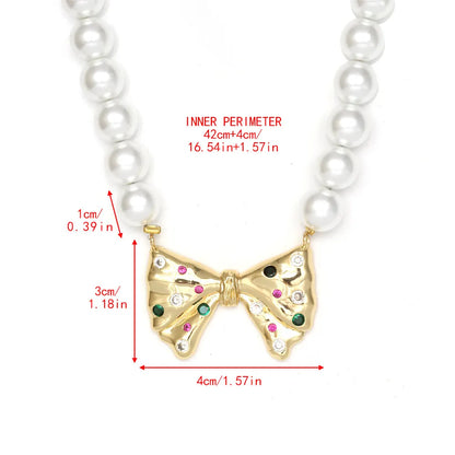 Simple Style Geometric Heart Shape Bow Knot Zircon Imitation Pearl Copper Wholesale Necklace