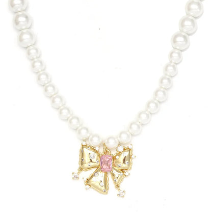 Simple Style Geometric Heart Shape Bow Knot Zircon Imitation Pearl Copper Wholesale Necklace